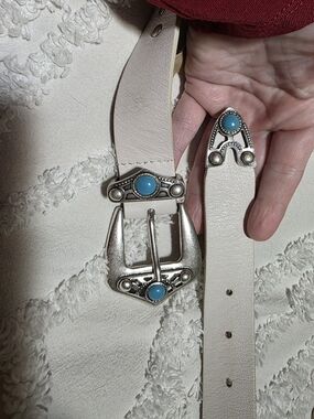 IRO White Leather Western Buckle Belt with Turquoise Stones